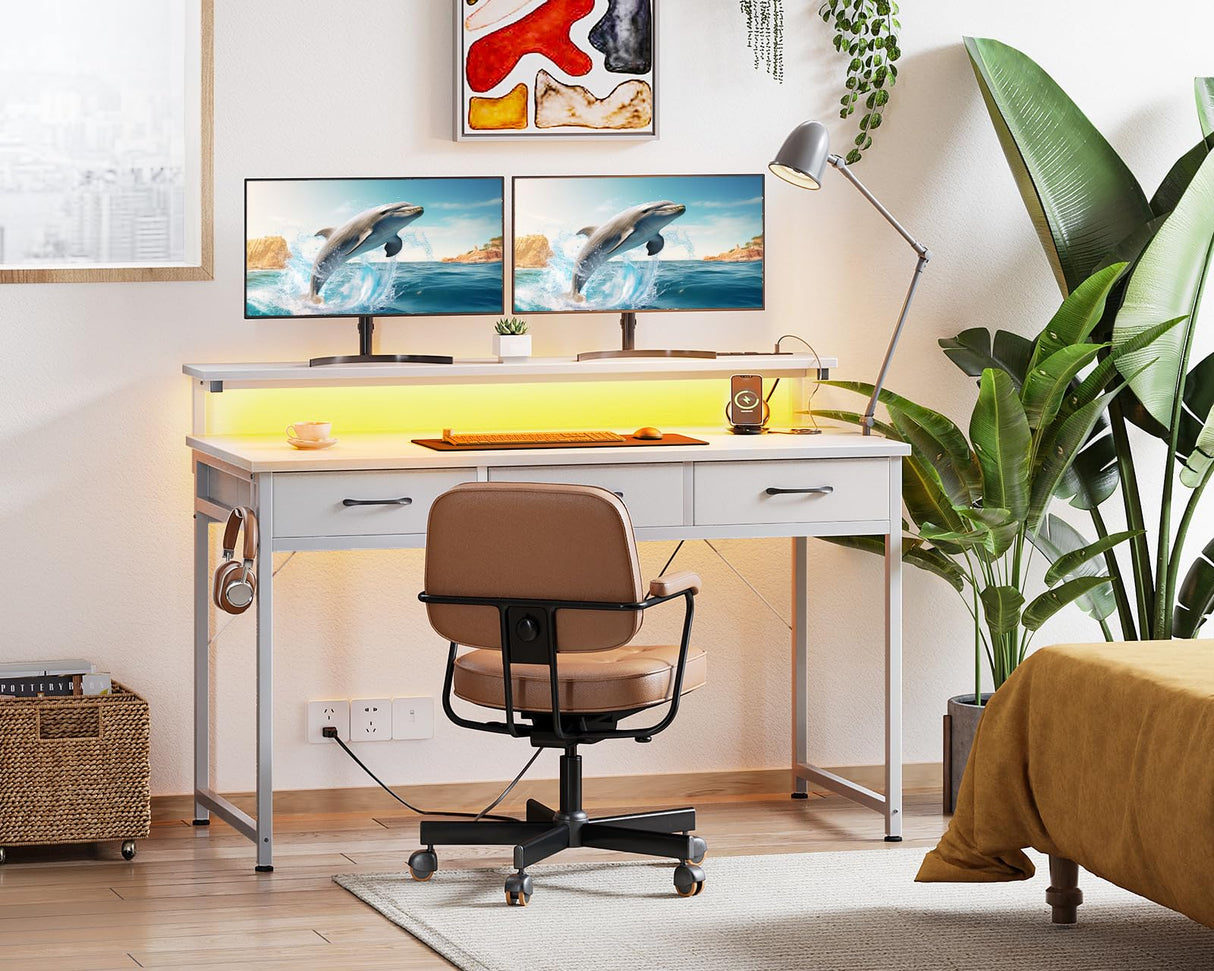 ODK 48 Inch Computer Desk with 3 Drawers and USB Power Outlets, Home Office Desks with LED Lights and Adjustable Monitor Stand, Work from Home, Modern Work/Writing/Study Table for Bedroom, White ODK