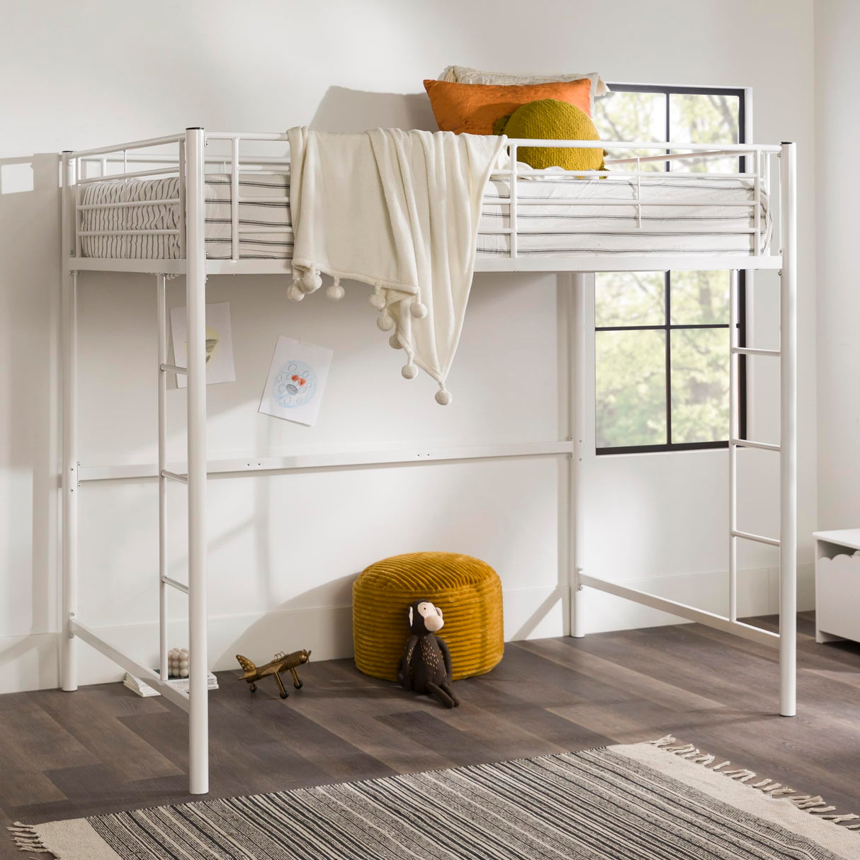 Walker Edison Timothee Urban Industrial Metal Double over Loft Bunk Bed, Full Double, White Walker Edison