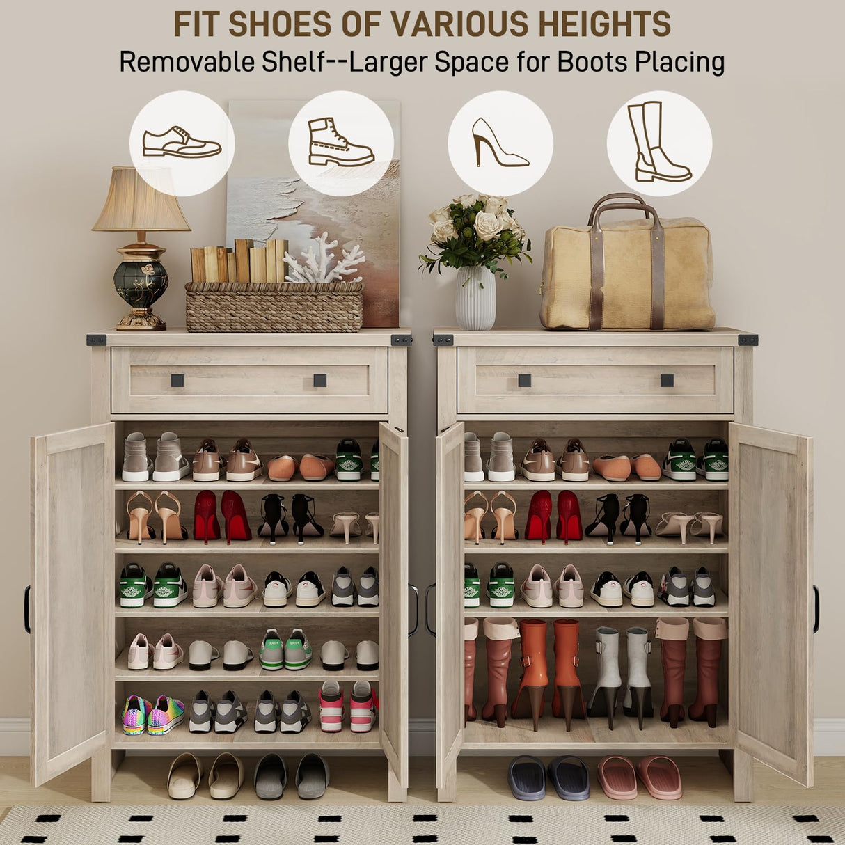 Halitaa Shoe Cabinet, Farmhouse Shoe Storage Organizer, Shoe Storage Cabinet with Doors & Drawer, Boots High-Shoe Cabinet Organizer for Entryway Living Room Hallway, Grey Halitaa