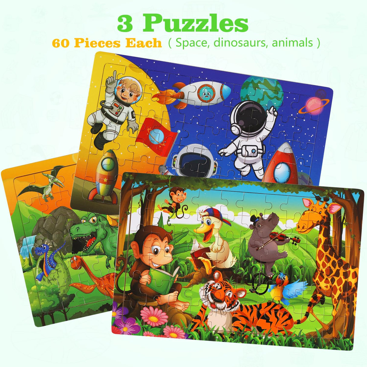 Wooden Puzzles Toys for Kids Ages 4-6, Set of 3 Packs with 60-Piece Wood Jigsaw Puzzles, Dinosaur, Animal and Space Theme. Ideal Gifts for Boys and Girls 3 4 5 6 7 8 Years Old Slotic
