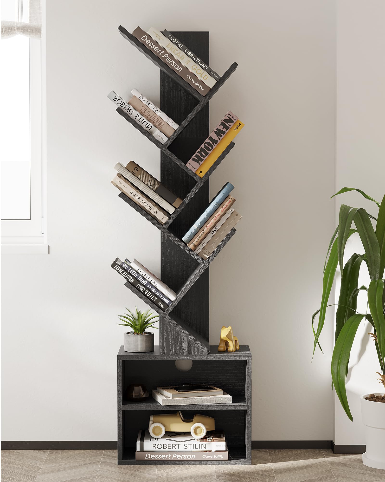 SUNMORY Black 6-Tier Tree Bookshelf with Storage Cabinet - Modern Narrow Floor Organizer for Home and Office - WoodArtSupply