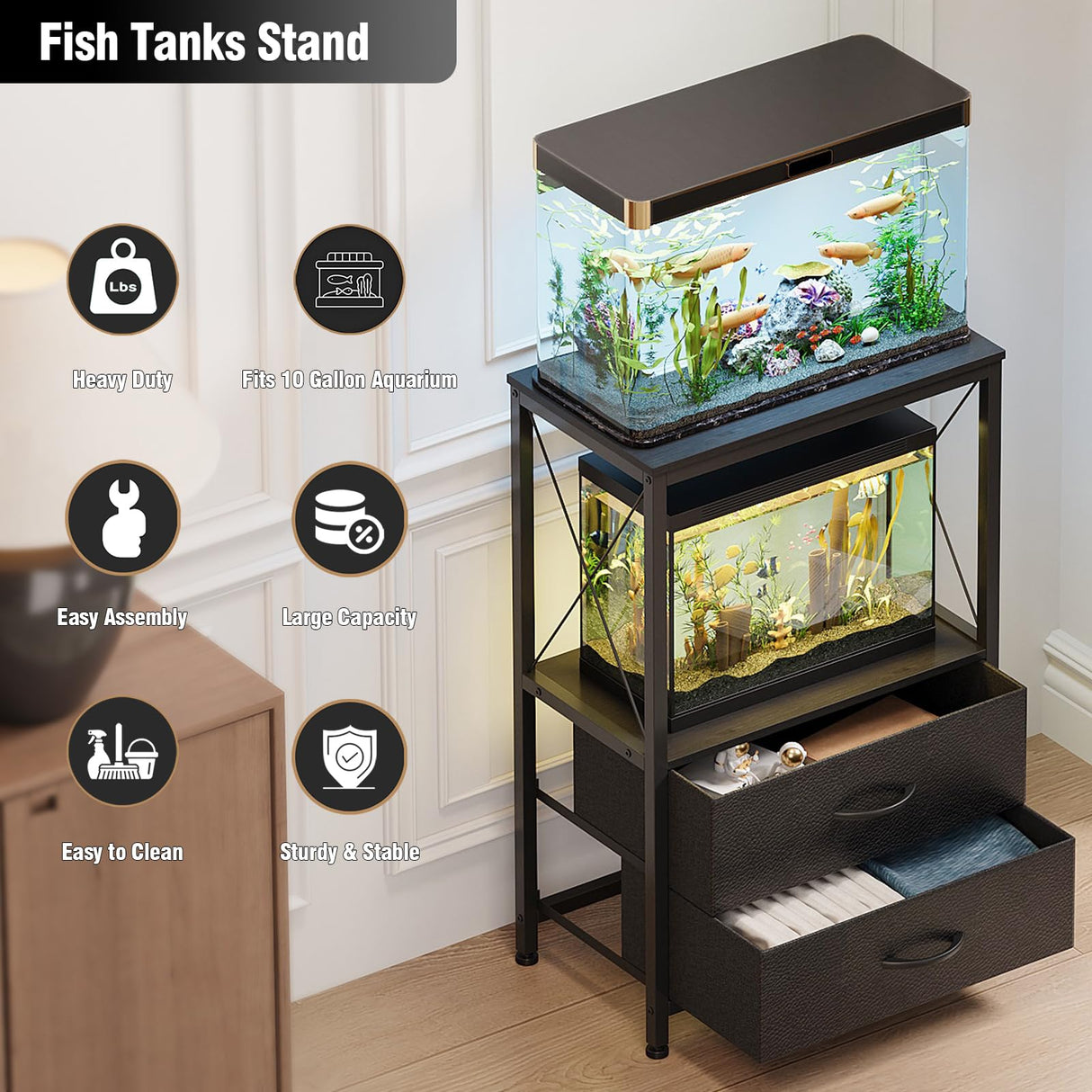 Welfuturer Aquarium Stand 10 Gallon with 2-Tier Shelf, Fish Tanks Stand with 2 Drawers, Metal Frame Heavy Duty Reptile/Turtle Tank Stand for Home Office, Fish Tanks Accessories Storage, Black Welfuturer