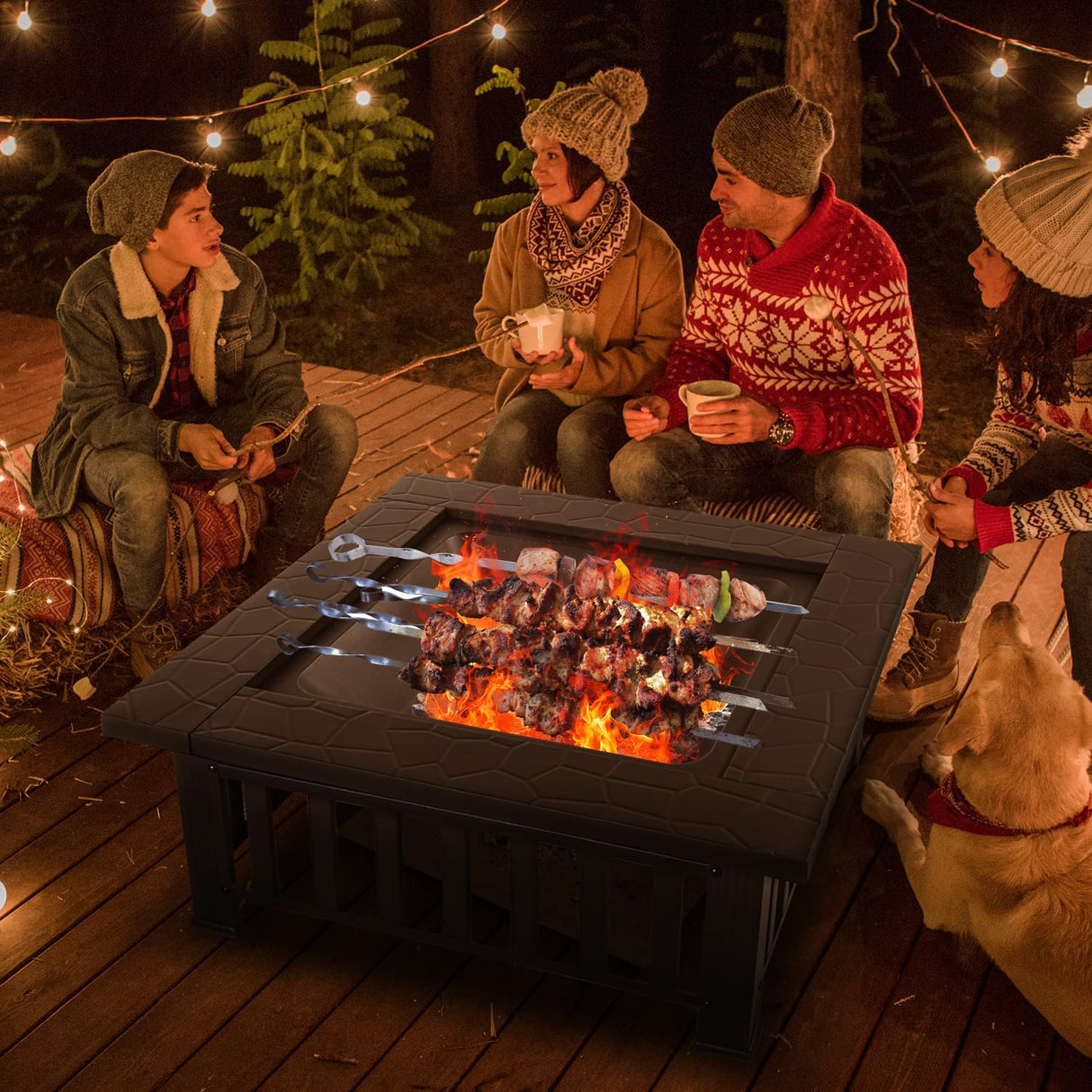 Panovue Multifunctional Fire Pit Table 32 inch Square Metal Firepit Stove Backyard Patio Garden Fireplace for Camping, Outdoor Heating, Bonfire and Picnic Panovue