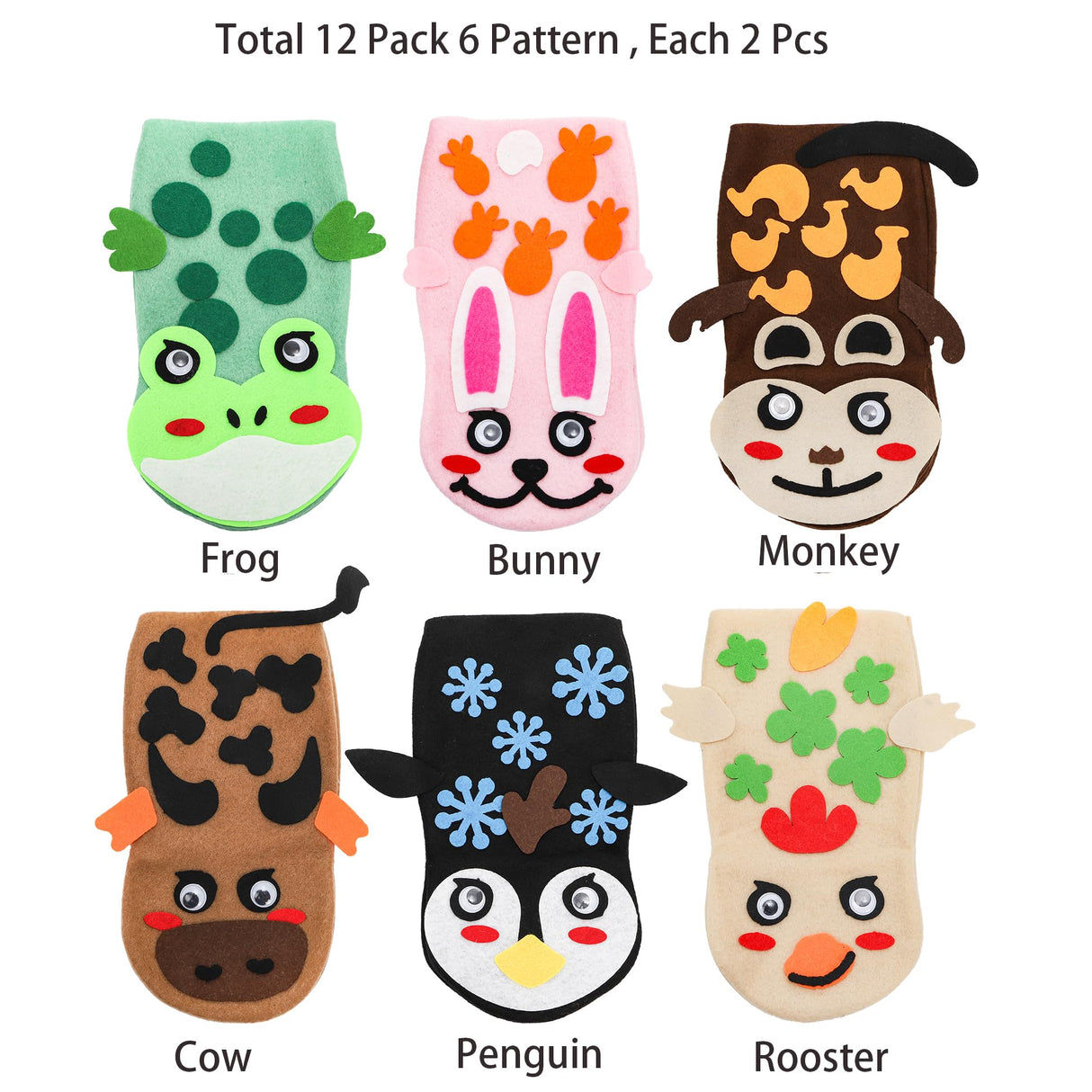 Jucoan 12 Pack Hand Puppet Making Kits for Kids, Felt Animals Sock Puppet Supplies Kit,Making Your Own Puppets Kits Art Craft Toy for Storytelling Role Play Classroom Party, Gift for Girls Boys Jucoan