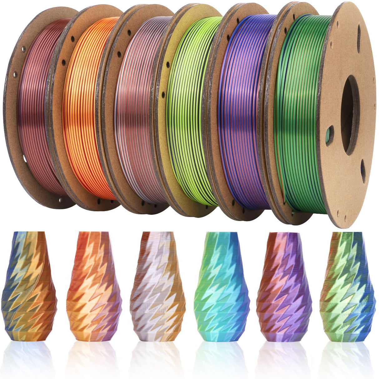 Dynta Tri-Colors Silk Pla Filament 3D Printer 1.75mm Filament Bundle, Multi-Color, 6 Pack 250g Each Dynta