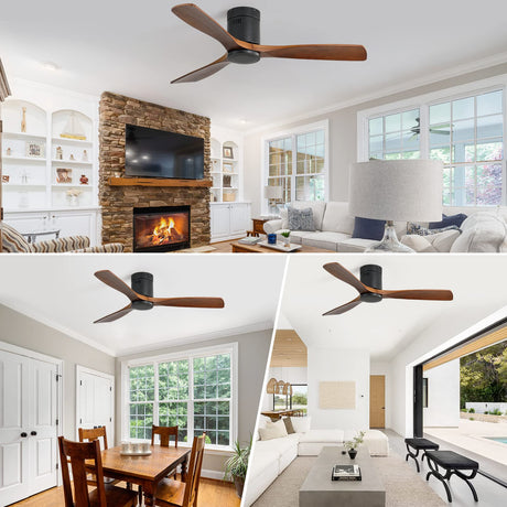 Sofucor 52" Low Profile Ceiling Fan with Remote Control, Outdoor Ceiling Fan No Light with 3 Walnut Blades, Multi-speed, Timer, Reversible DC Motor for Patio Living Room Bedroom Office Black Sofucor