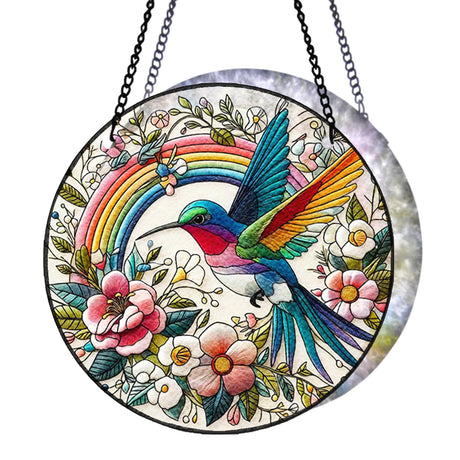 Hummingbird Suncatcher Stained Glass Window Hanging Original Design of 7.8''Hummingbirds Rainbow Flowers for Sun Catchers Indoor Wall Art Home Decor Gift Painted Glass Panel Dadamayar