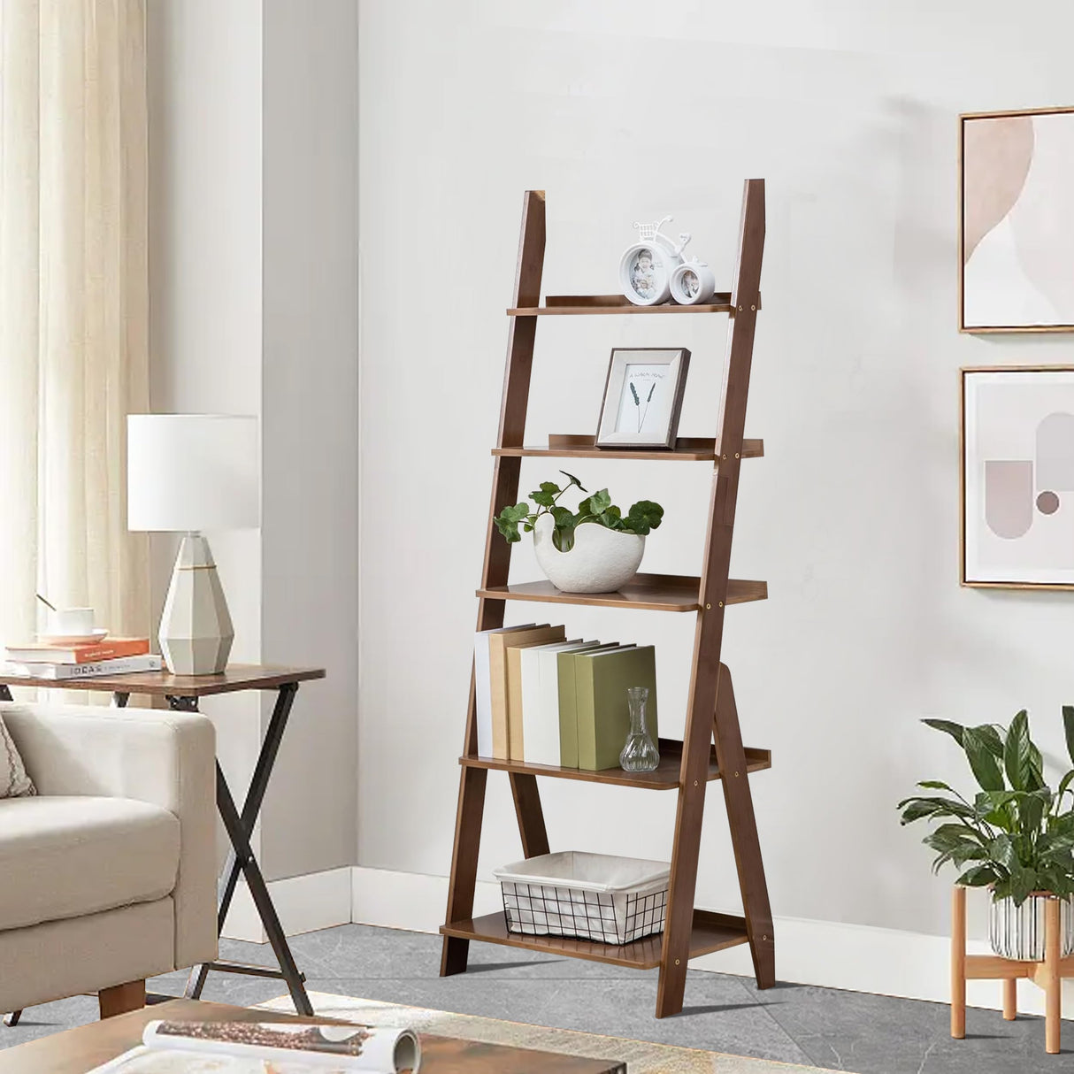 Maydear Bamboo Ladder Shelf Bookcase, 5-Tier Leaning Bookshelf Free Standing Organizer Storage Shelves for Living Room, Bedroom, Kitchen, Home Office, Balcony, Walnut Maydear