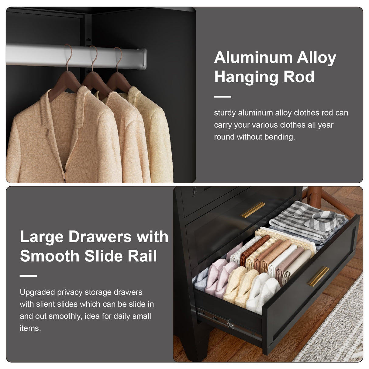 LCAOPC 71" Tall Metal Wardrobe Cabinet with 2 Drawers and Hanging Rod, 2 Doors Armoire Wardrobe Closet with Shelf for Bedroom, Office, Laundry Room, Black LCAOPC