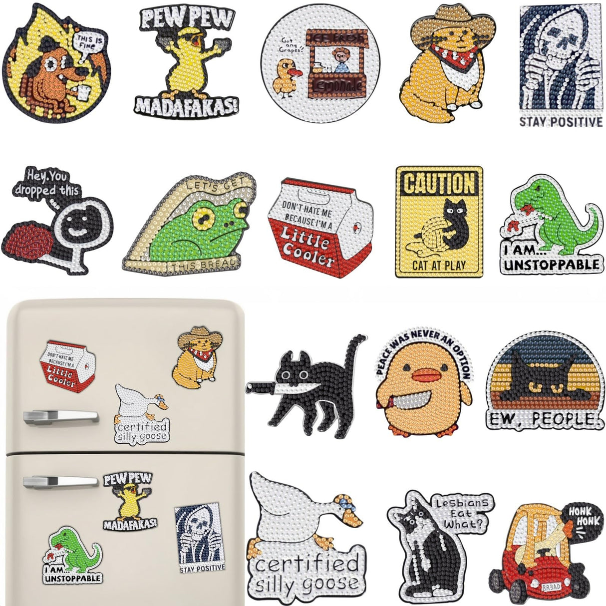 16 Pcs Funny Diamond Painting Magnets Kits,Diamonds Art Fridge Magnet Refrigerator Sticker Diamond Painting kit for Beginners Adults DIY Art Craft Gifts Home Decors (Funny) Bulerrylulu