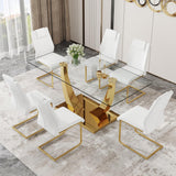 JEARGE Glass Dining Table Set for 6, Modern Kitchen Table Set for 6, 71" Tempered Glass Tabletop with U-Shaped Gold Base, 7 Ppiece Large Dining Room Table Set with White PU Leather Chairs JEARGE