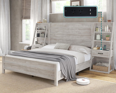 AMERLIFE Queen Bed Frame with 98" W Headboard and 4-Tier Bookshelves, Farmhouse Platform Bed with Charging Station & 2 Drawers, Noise-Free, No Box Spring Needed, Rustic White AMERLIFE
