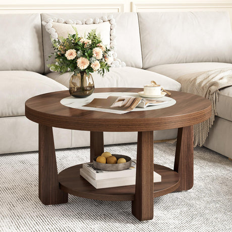 LITTLE TREE Modern Round Coffee Table, 2-Tier Wood Coffee Table with Storage, Marble-Like Tabletop for Living Room, Simple & Modern Center Table for Small Space, Brown LITTLE TREE