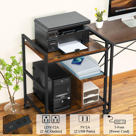 Lerliuo Printer Stand with Charging Station and USB Ports, Large 3-Tier Mobile Printer Table with Storage Shelf, Brown Rolling Industrial Printer Cart with Lockable Wheels for Home Office Lerliuo