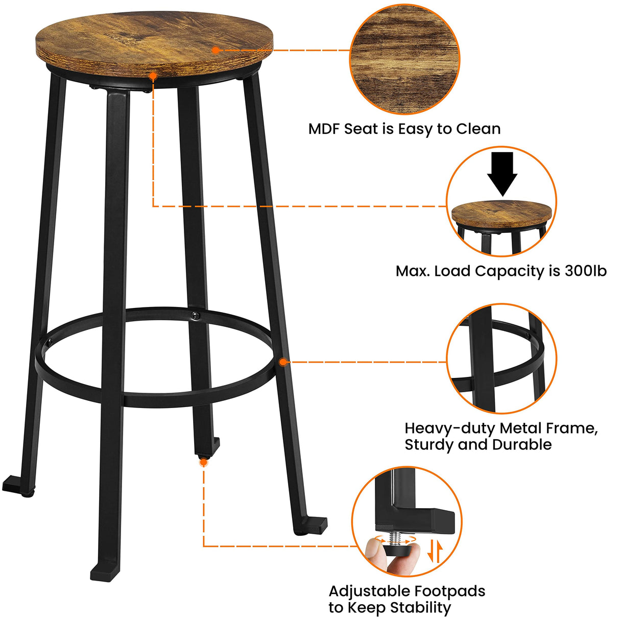 Yaheetech 29.5 inch Bar Stools Set of 2 Bar Height Stools Industrial Tall Bar Chair Round Backless Counter Stools with Metal Legs for Dining Room/Living Room/Kitchen Counter Rustic Brown Yaheetech