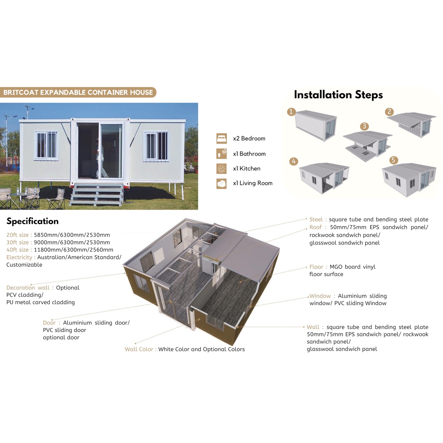 House, House to Live in prefab House, casas prefabricadas para Vivir, prefab Tiny Homes, with Lockable Door and Window, Prefabricated Tiny Home, 2 Bedroom, Outdoor Storage Shed by Britstar LLC