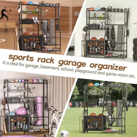 Faesun Garage Sports Equipment Organizer, Golf Bag Storage Rack, Heavy Duty Ball Holder with Basket & Hooks, Indoor/Outdoor Basketball Storage Bins for Toy Sports Gear Storage Faesun