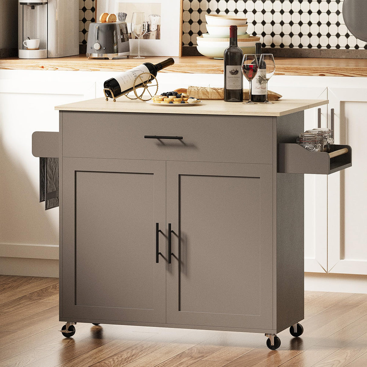 IRONCK Rolling Kitchen Island Table on Wheels with Solid Wood Top, Drop Leaf, Drawer and Storage Cabinet, 47" W Kitchen Cart with Spice & Towel Rack, Dark Gray IRONCK
