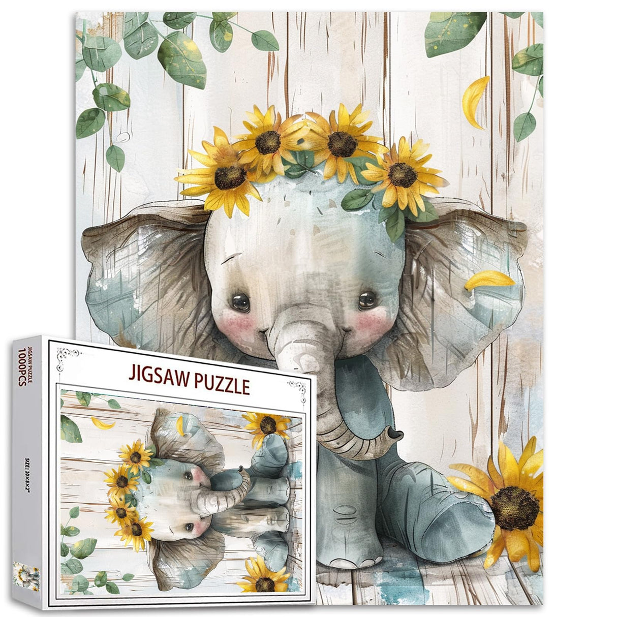 Baby Elephant Jigsaw Puzzles for Adults Painting 1000 Pieces Jigsaw Puzzle Animal Wear Sunflowers Flowers Jigsaw Puzzle Rustic Style Puzzles Game 27 x 20 Inches Puzzles for Families Game Nights Aihonmin