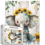 Baby Elephant Jigsaw Puzzles for Adults Painting 1000 Pieces Jigsaw Puzzle Animal Wear Sunflowers Flowers Jigsaw Puzzle Rustic Style Puzzles Game 27 x 20 Inches Puzzles for Families Game Nights Aihonmin