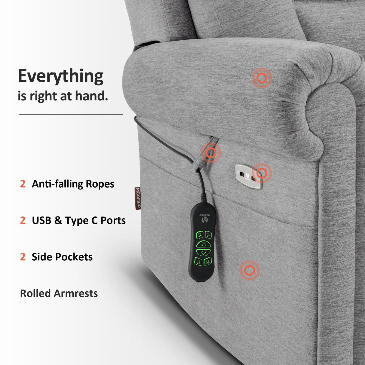 MCombo Triple Motor Power Lift Recliner Chair with Massage and Lumbar and seat Heating, Rolled Arms, Adjustable Headrest for Elderly People, Fabric 7888 (Grey, Medium) MCombo