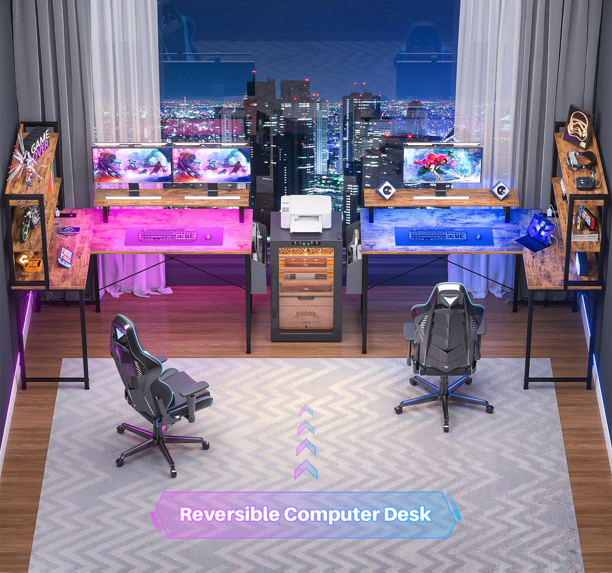 Homieasy 47 Inch Reversible L Shaped Computer Desk with Bookshelf & LED Light in Rustic Brown Homieasy