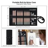 KALOUR 29 Pro Sketching Drawing Pencils Set with Roll-Up Nylon Case – 14 Graphite Pencils (14B–5H), Charcoal Pencils, Erasers, Sharpener & Stumps – Complete Art Kit for Artists & Beginner KALOUR