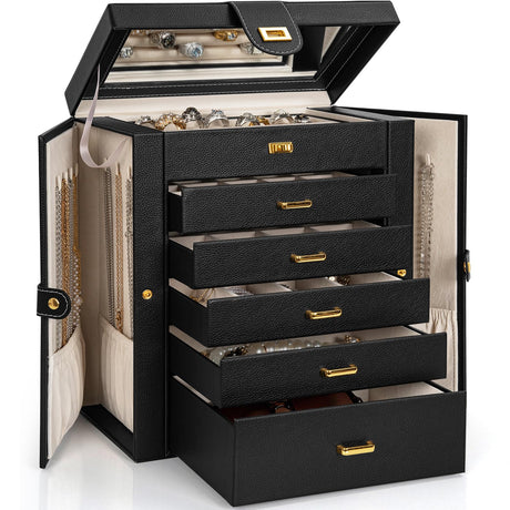 AKOZLIN Huge Jewelry Box Organizer Functional Lockable, Large Leather Jewelry Storage Case for Women Girls Ring Necklace Earring Bracelet Holder Organizer with Mirror AKOZLIN