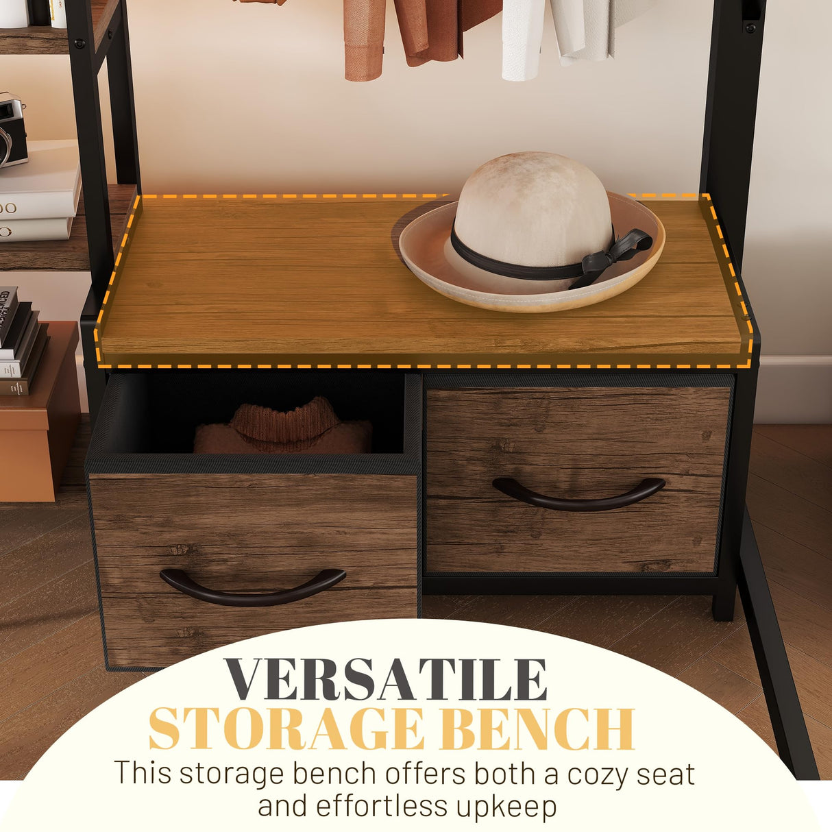 Loft Bed Queen Size with Desk and Charging Station, Metal Loft Beds Frame with LED Lights, Bookcase & 4 Fabric Storage Drawers & Bench, Adults Loft Beds with Wardrobe -Safety Guard & Ladder, Black Mirightone