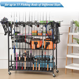 Bknius Fishing Rod Holder for Garage for 15 Rods, Fishing Pole Holders for Fishing Gear Storage Organizer, Fish Rod Rack Basement, Metal Black with Big Wheels, 4-Tier Bknius