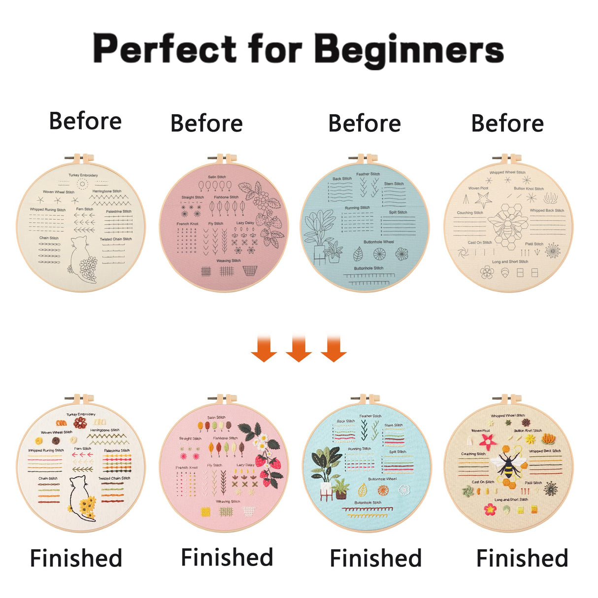 JOINRUN Beginner DIY Embroidery Kit for Adults: 4 Sets Adults Cross Stitch Kit, for Craft Lover Learn Hand Stitch, Includes Stamped Pattern,Hoop, Easy to Follow Instruction and Video JOINRUN