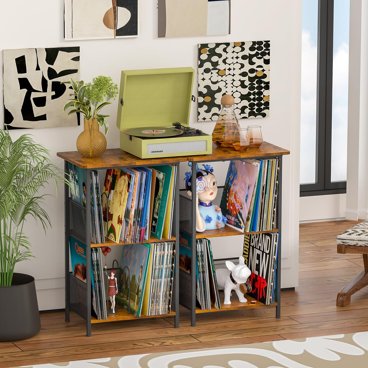 Record Player Stand Up to 200 Albums, Vinyl Storage Table with Extended Wooden Desktop, Record Player Holder for Albums, Vinyl Stand End Table Storage Rack for Bedroom & Living Room Honkazita