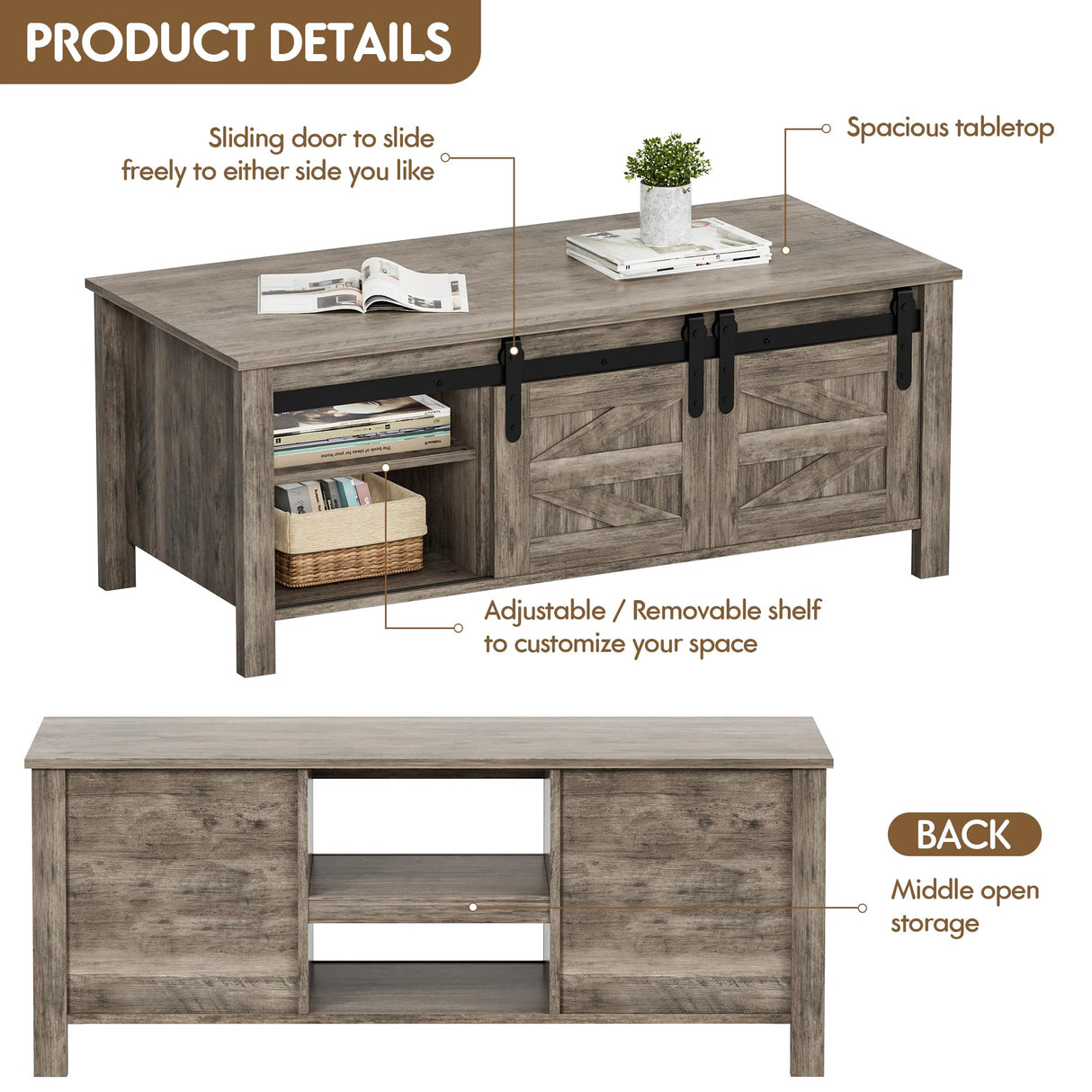 JUMMICO Farmhouse Coffee Table with Storage & Sliding Barn Doors, Modern Rustic Living Room Table with Adjustable Shelves, Wooden Rustic Center Table for Living Room (Light Rustic Oak) JUMMICO