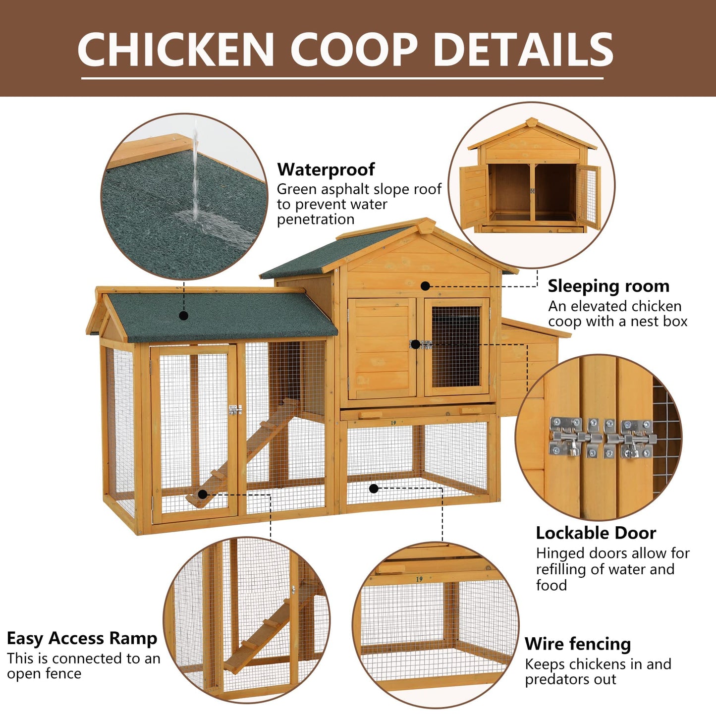 66 Inch Wood Chicken Coop Chicken House Indoor Outdoor Chicken Cage 2-4 Chickens Waterproof with Egg Box Wire Fence Hen House Pet Hutch Garden Backyard Cage