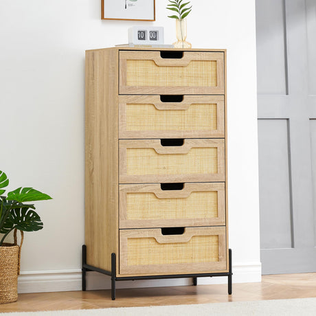GAOMON Rattan Dresser, 5-Drawer Tall Dresser for Bedroom, Storage Dresser Organizer Units for Closet Living Room Hallway Entryway, Tall Chest of Drawers Tower (Oak Color, 5-Drawer) GAOMON