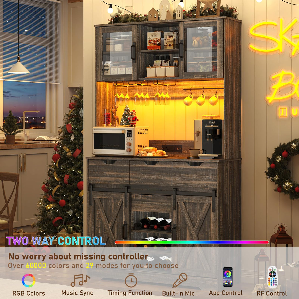 72" Coffee Bar Cabinet w/Power Outlet,LED Lights,Farmhouse Large Kitchen Hutch w/Sliding Barn Door,Tall Bar Cabinets w/4 Drawers & Wine Glass Rack,Pantry China Cabinet for Home,Dark Rustic Oak chartustriable