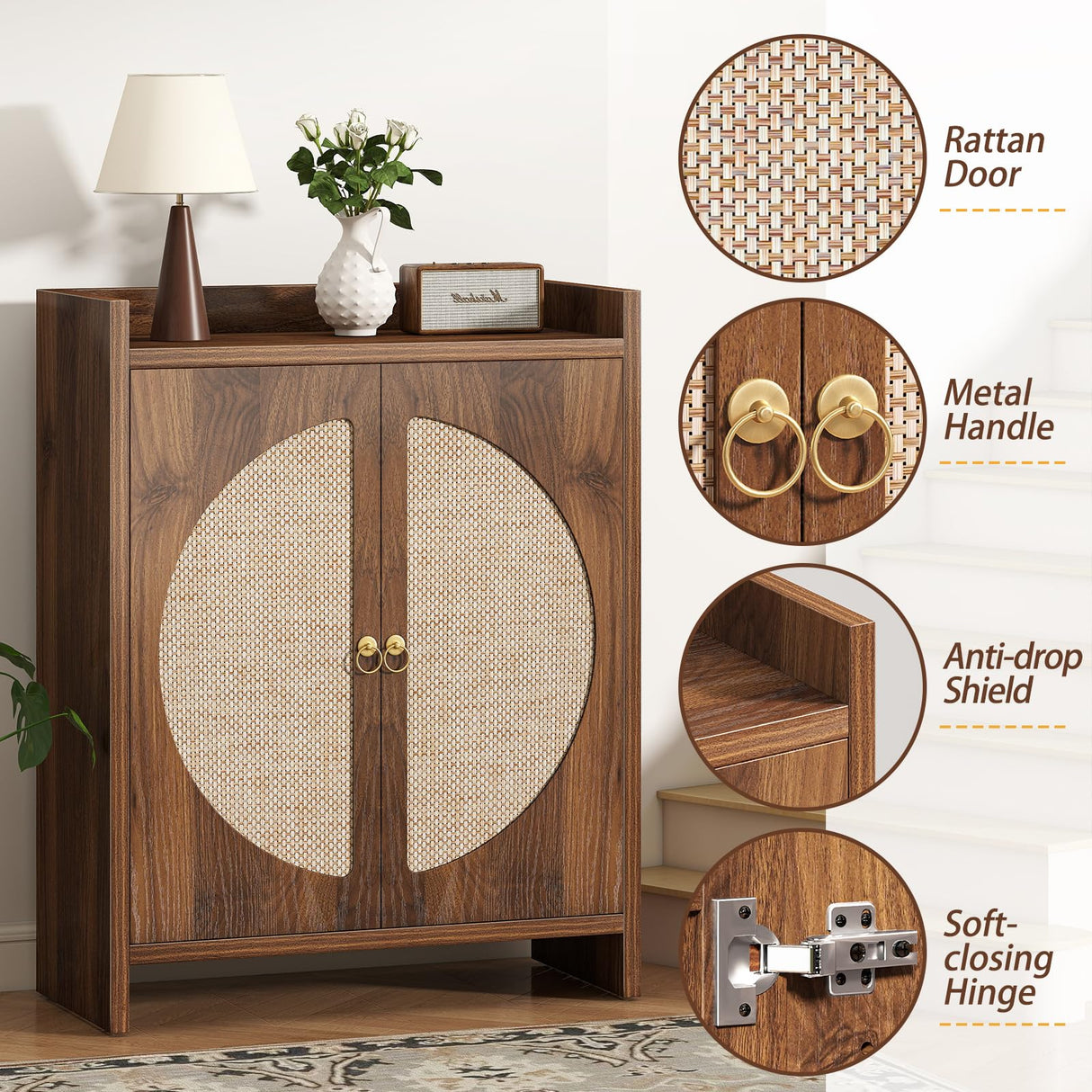 Curlaky Shoe Cabinet Storage for Entryway - Rattan Entry Way Shoe Storage Cabinet with Adjustable Shelves, Wood Shoe Organizer Cabinet, Accent Cabinet with Doors for Entrance Hallway Living Room Foyer Curlaky