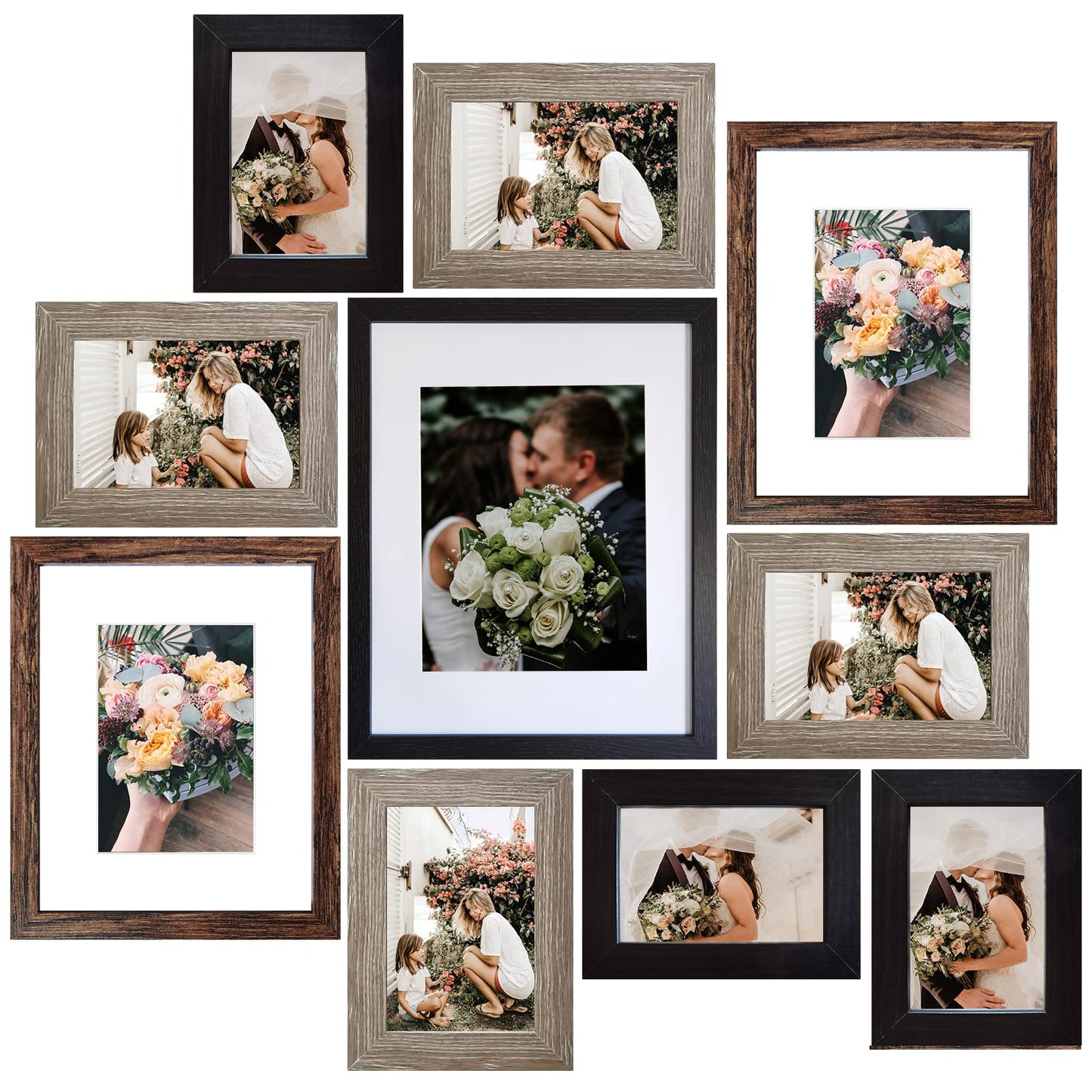 SESEAT Picture Frames Collage, Gallery Wall Frame Set with 11x14 8x10 5x7 4x6 Frames in 3 Different Finishes, Set of 10 - WoodArtSupply