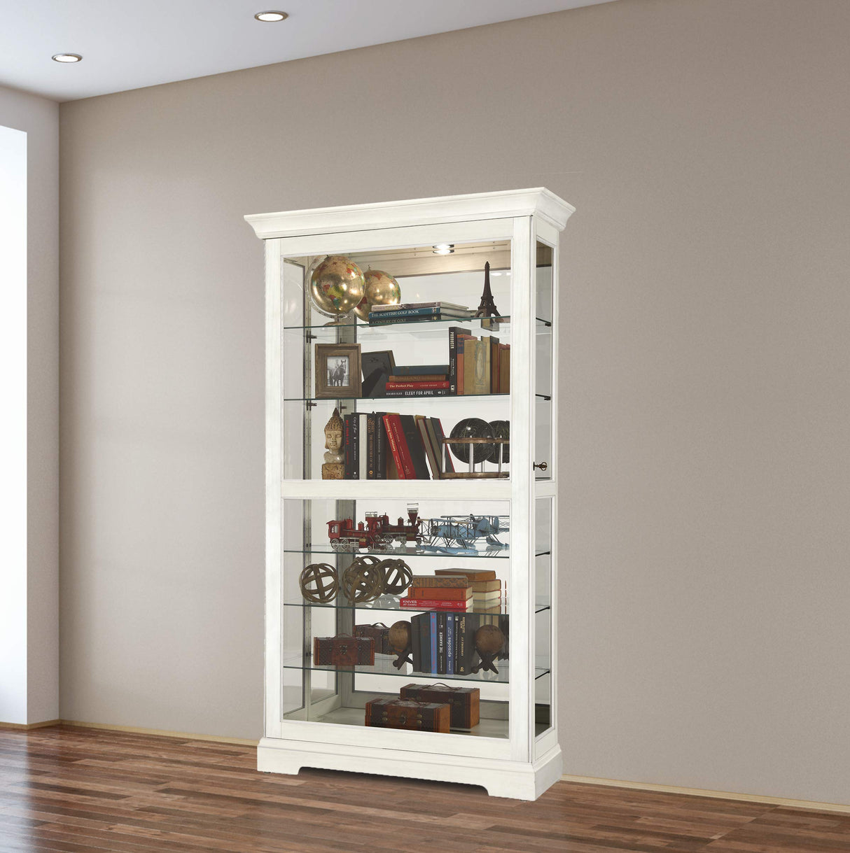 Howard Miller Tyler IV Curio Cabinet – White Finish Sliding Door Glass Display, Mirrored Back, Built-in Lighting, 6 Adjustable Shelves, Lockable Door for Collectibles in Modern Home Décor Howard Miller