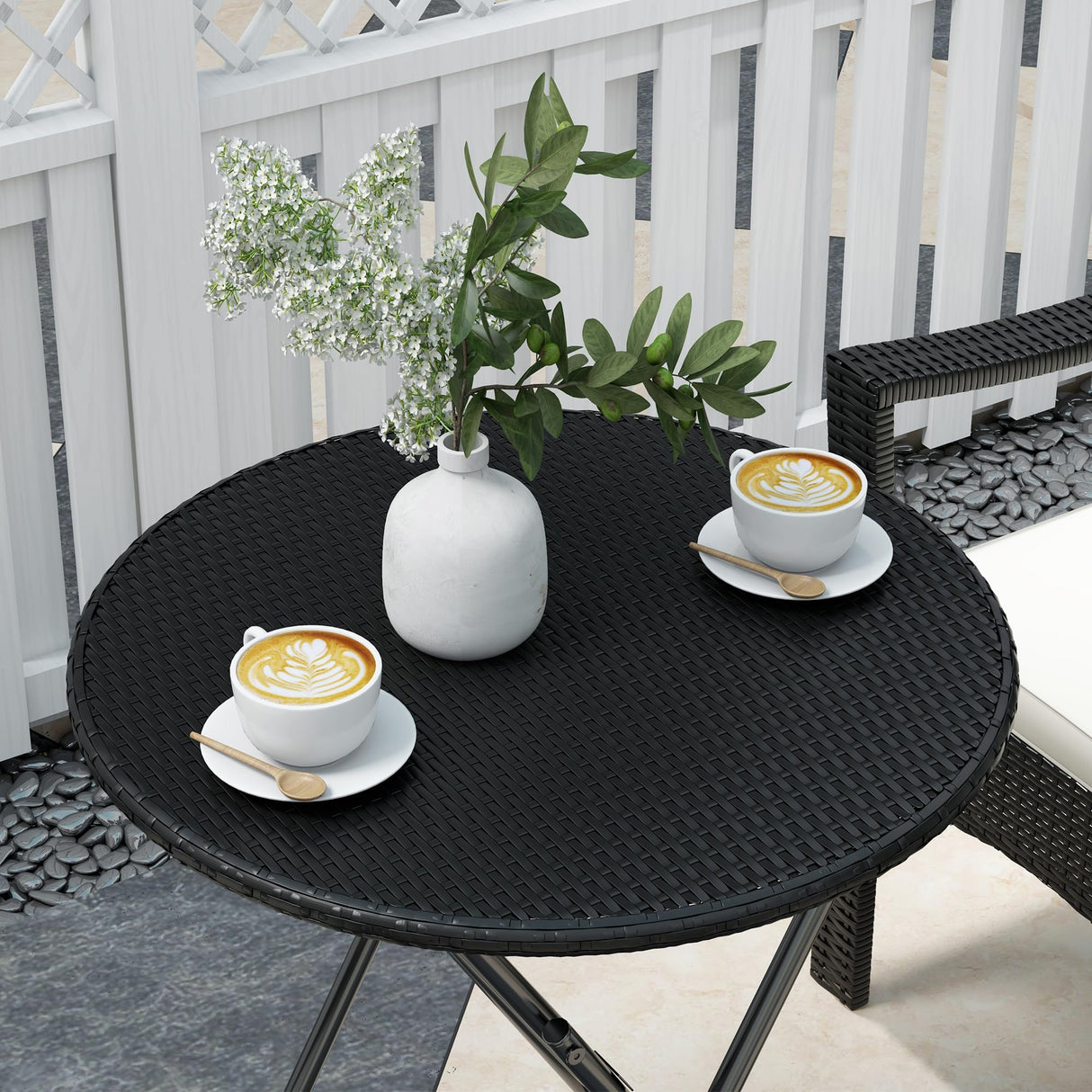 Outsunny 3 Pieces Wicker Outdoor Bistro Set, Rattan Patio Furniture Set with Folding Coffee Table, Porch Chairs with Cushions for Backyard, Balcony, Garden, White Outsunny