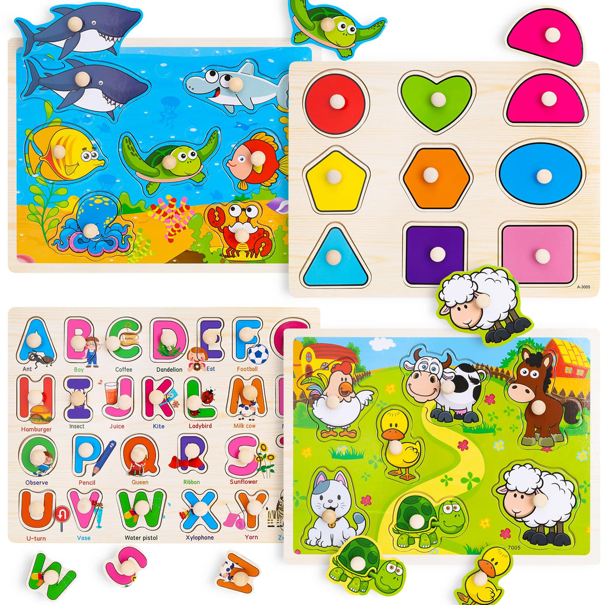 Wooden Peg Puzzles for Toddlers 2 3 4 Year Old, 4 Pack Montessori Toys Preschool Learning Puzzles for Toddlers 1-3 with Animals, Shapes, Alphabet, Wooden Toddler Toys Gifts for Kids Boys Girls Peacurh