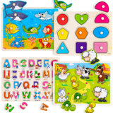Wooden Peg Puzzles for Toddlers 2 3 4 Year Old, 4 Pack Montessori Toys Preschool Learning Puzzles for Toddlers 1-3 with Animals, Shapes, Alphabet, Wooden Toddler Toys Gifts for Kids Boys Girls Peacurh