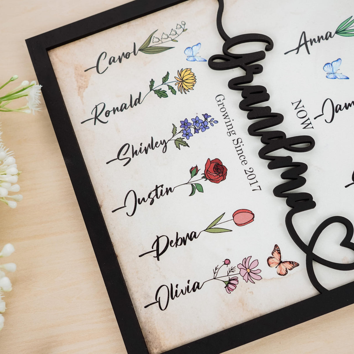 Personalized Grandma's Garden Birth Month Flowers Photo Frame Wall Art Custom Wooden Family Name Sign Grandmother Nana Mimi Gigi Gift For Mothers Day, Grandparents Day Family Home Decoration vinatimes