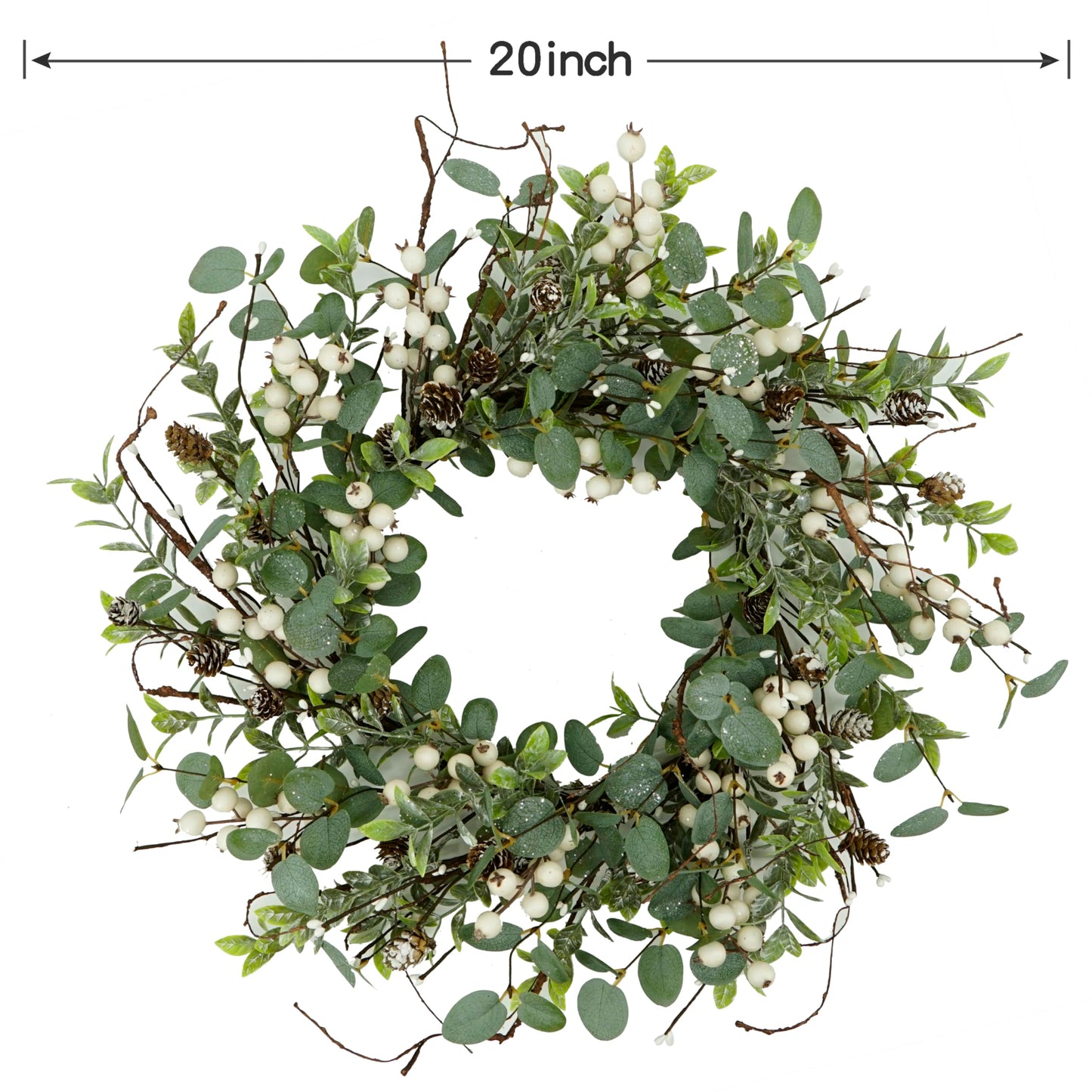 Christmas Wreath, Christmas Wreaths for Front Door, Winter Eucalyptus Wreath with Pine Cone and White Berry Wreath for Indoor Outdoor Farmhouse Wall Window Home Decoration.