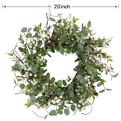 Christmas Wreath, Christmas Wreaths for Front Door, Winter Eucalyptus Wreath with Pine Cone and White Berry Wreath for Indoor Outdoor Farmhouse Wall Window Home Decoration.