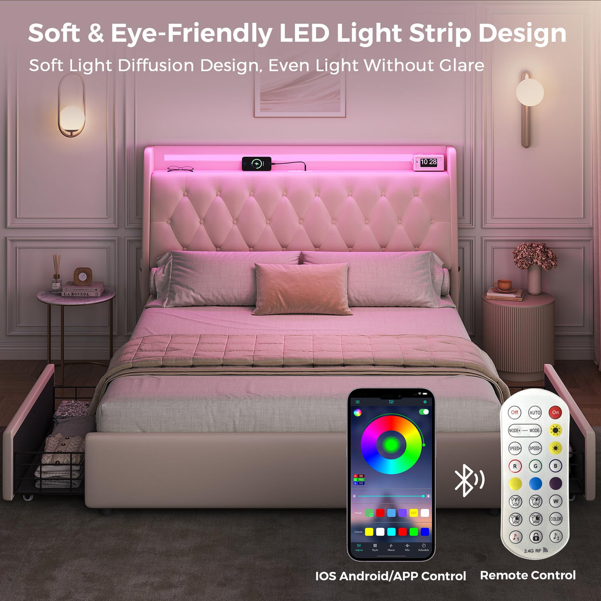 Full LED Velvet Bed Frame with 2 Storage Drawers&Hidden Headboard, Upholstered Platform Bed with Charging Station&Button Tufted Design, Wooden Slats Support, Box Spring Optional, Easy Assembly, Beige Jocoevol