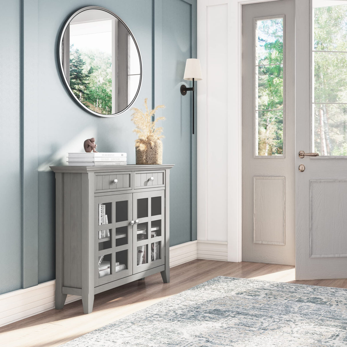 SIMPLIHOME Acadian SOLID WOOD 36 Inch Wide Rustic Entryway Hallway Storage Cabinet in Fog Grey, For the Living Room, Entryway and Family Room SIMPLIHOME