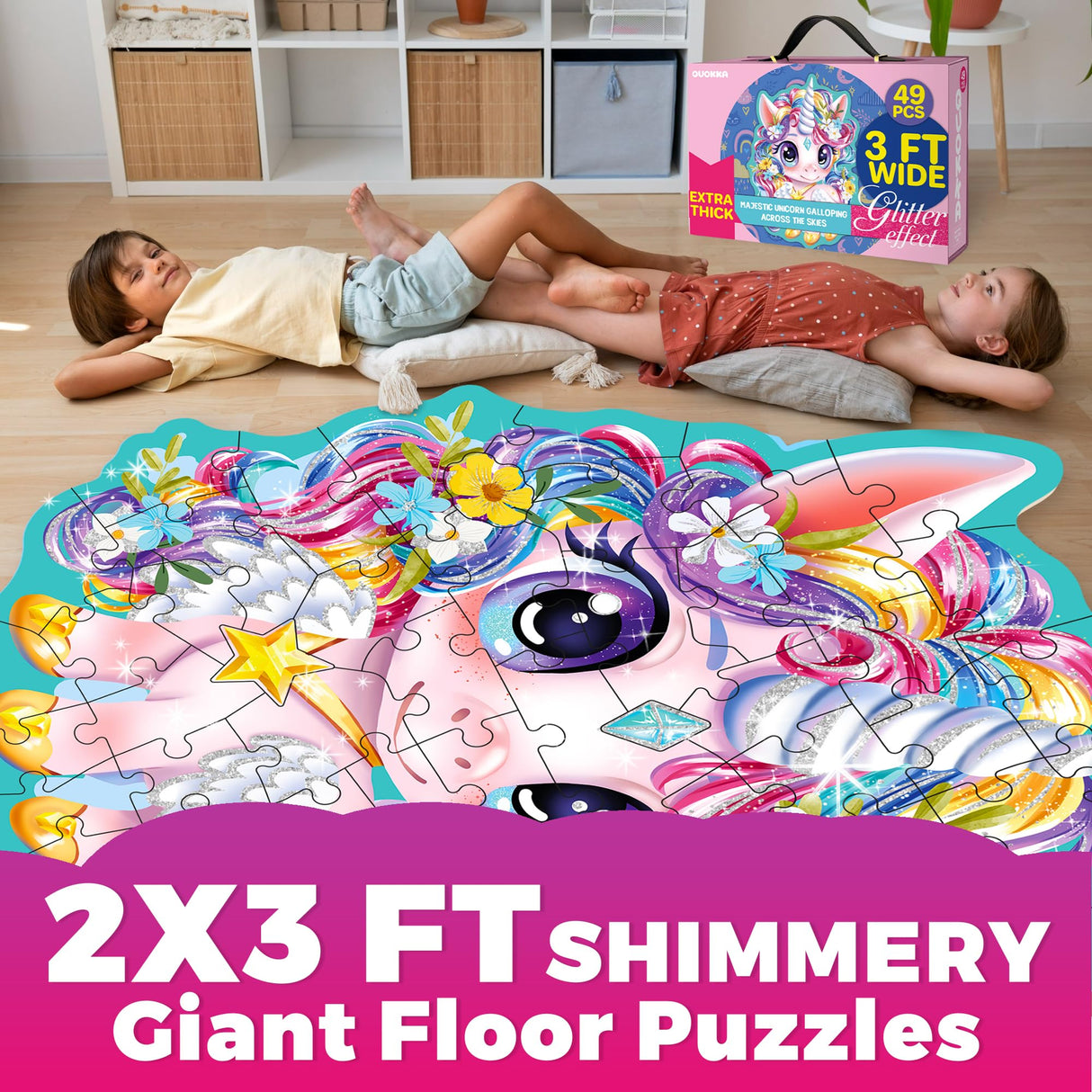 QUOKKA Glitter Floor Puzzles for Kids Ages 3-5 - 2x3 FT 48 Pcs Puzzles for Toddlers 2-4 - Shaped Large Giant Educational Toddler Puzzles Ages 24+ Months - Unicorn Toy Activity Game for Boys and Girls QUOKKA