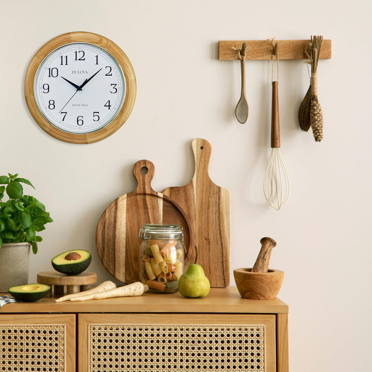 Bulova C5005 Wooden Atomic Analog Wall Clock | Automatically Sets Time | Large Roman Numerals | Battery Operated | Traditional Design Bulova