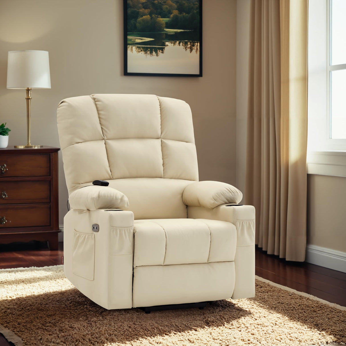 MCombo Large Dual Motor Power Lift Recliner Chair for Elderly, Massage and Heat, Lay Flat, Zero Gravity, Home Button, USB Port, Faux Leather 7680 (Cream White, Large) MCombo